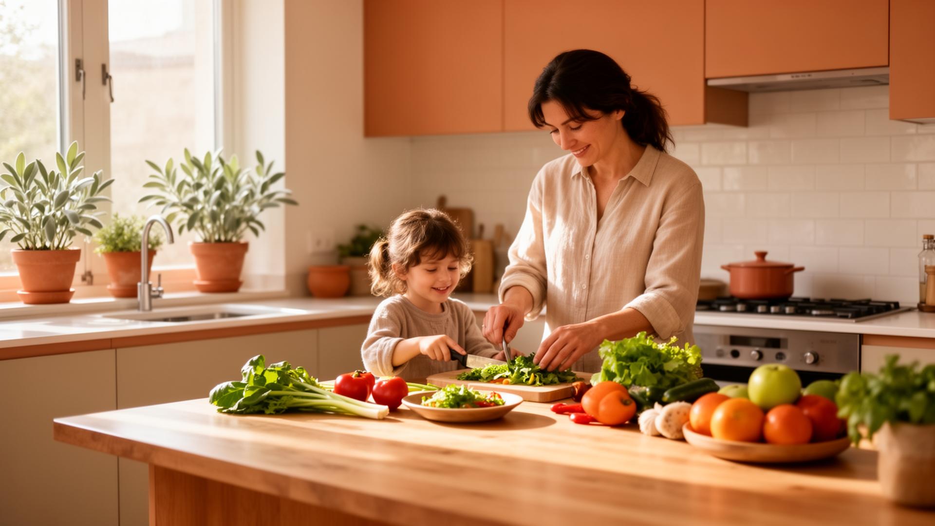 A parent and child preparing a fresh meal together in a sunlit modern kitchen